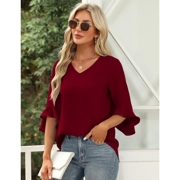 Chiffon Blouse Women Ruffle Sleeve V Neck Casual Dressy Top Medium - Picture 2 of 4